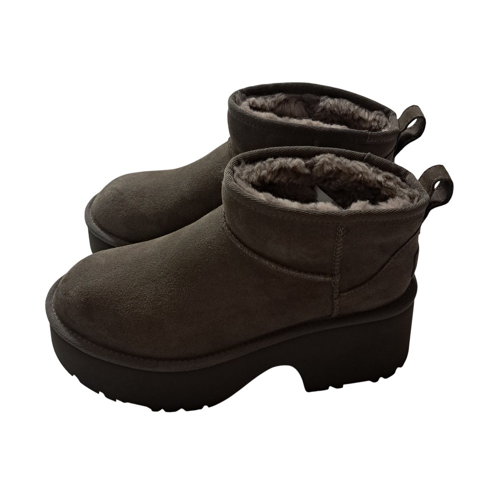 UGG Classic Ultra Mini New Heights Boots Womens 8 Hickory Brown Suede Ankle Heel